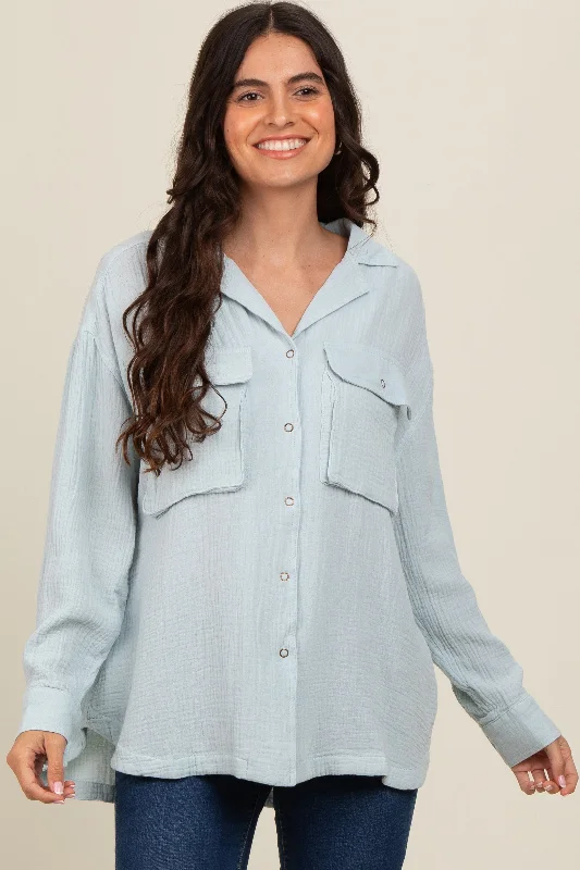Weekend Shopping Extravaganza Light Blue Cotton Gauze Button Down Shirt