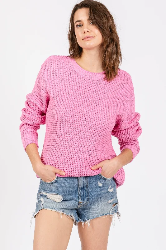 Markdown Sale Light Pink Waffle Knit Round Hem Sweater