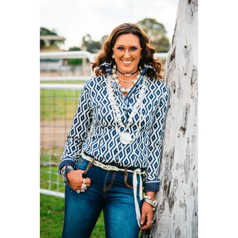 Weekend Deals to Make You Happy Hitchley and Harrow Geometric Pattern Ladies Fitted Shirt NAVY-WHITE