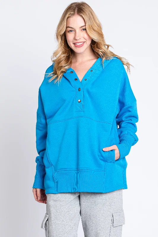 Weekend Savings Bonanza Blue Hooded Button Pullover Sweater