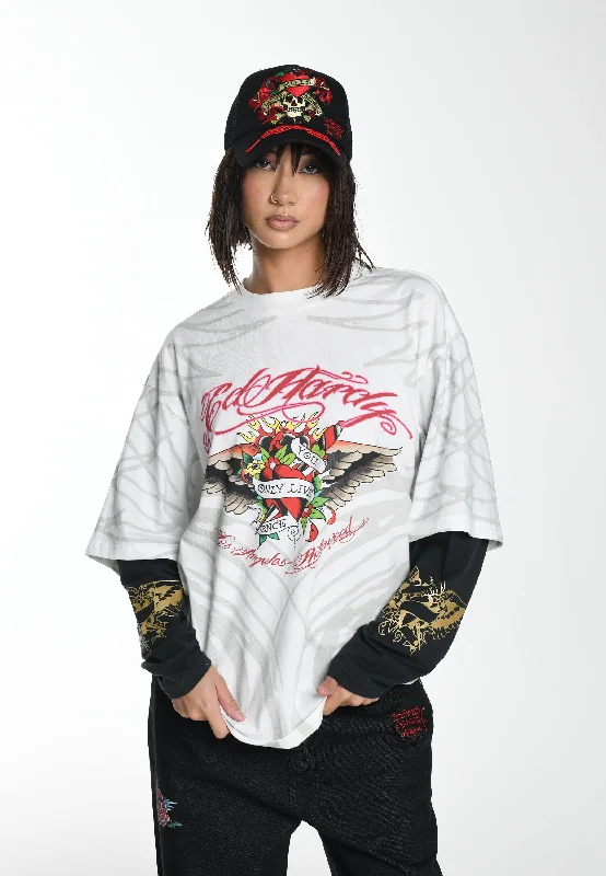 Extra Discount Womens Live Once Double Sleeve Relaxed T-Shirt - White