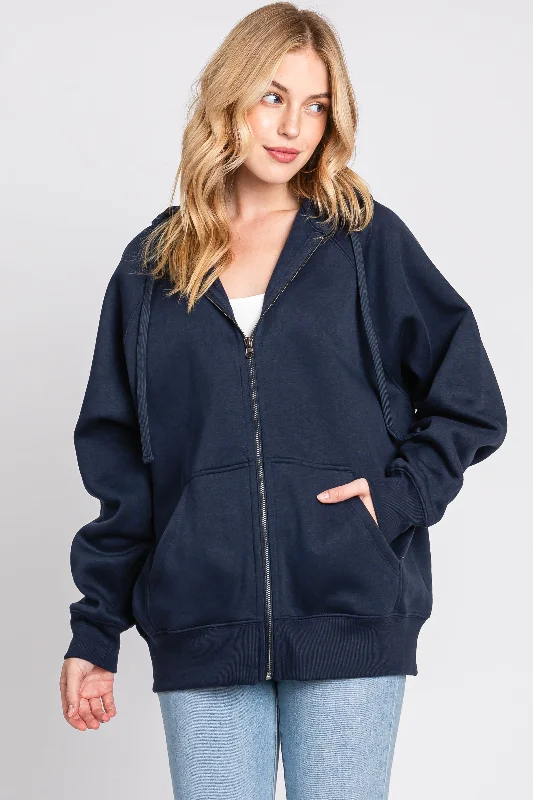 Price Slash Navy Front Zipper Hooded Sweater