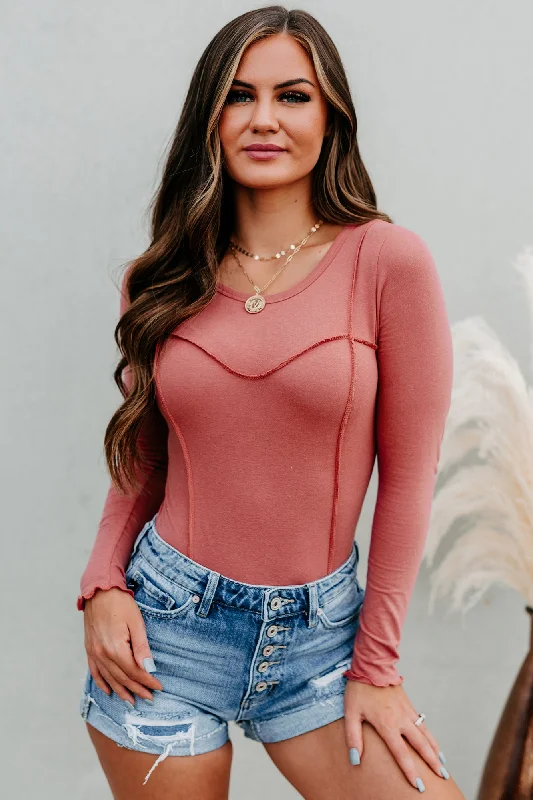 Exclusive Deal Flip It & Reverse It Long Sleeve Seam Stitched Bodysuit (Marsala)