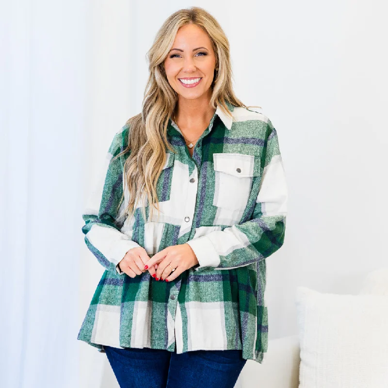 Final Clearance Cozy Plaid Babydoll Shacket, Green