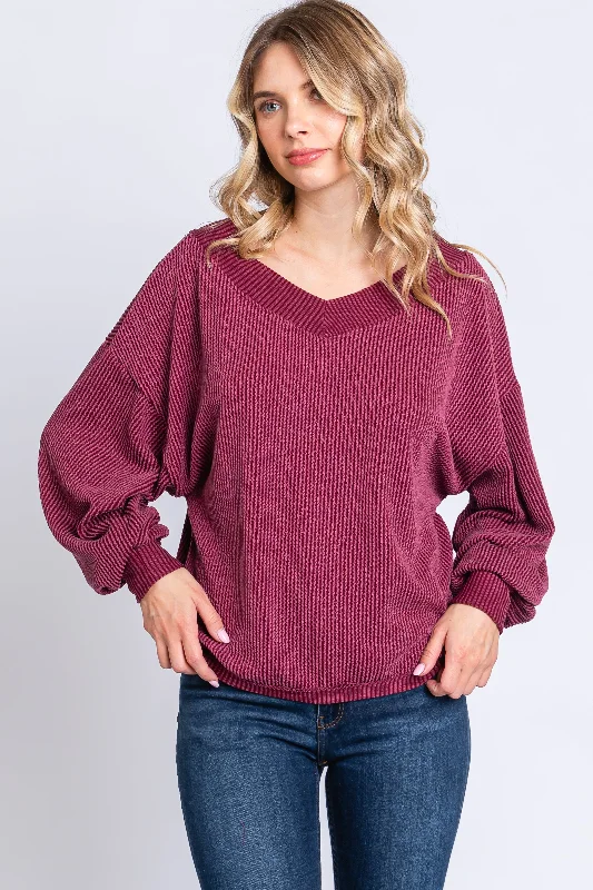 Weekend Discounts to Celebrate Burgundy Ribbed V-Neck Cropped Sweater