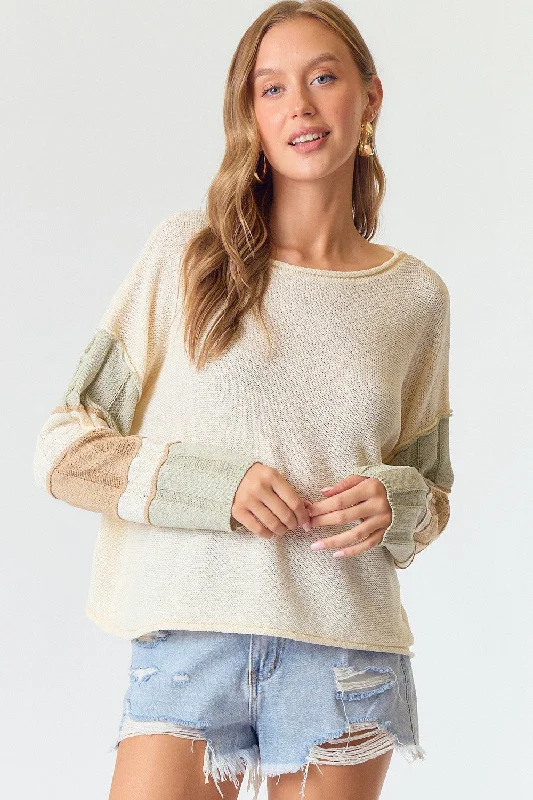 Weekend Steals Await Cream Multi Stripe Sleeve Sweater Top