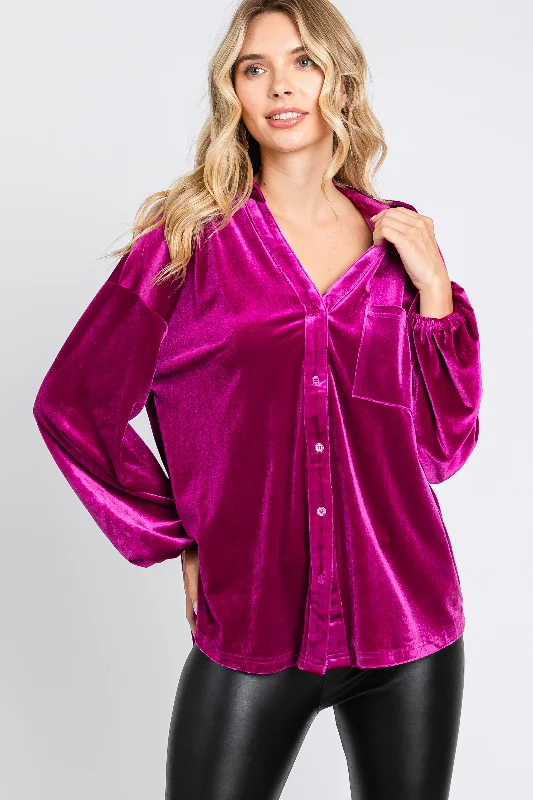 Flash Sale Magenta Velvet Button Fron Collared Blouse