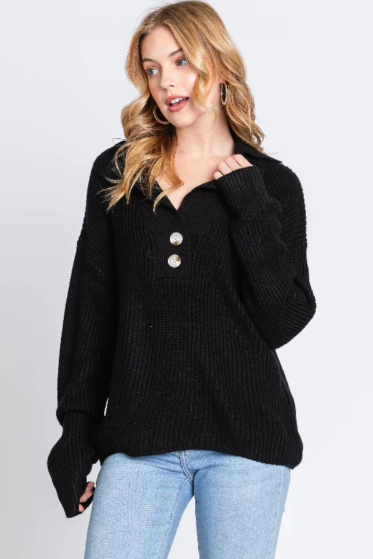Deal of the Day Black Chunky Knit Front Button Sweater