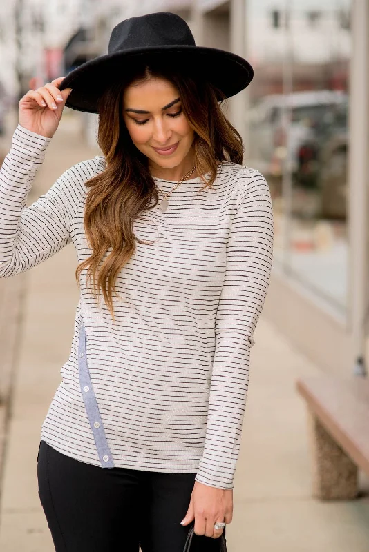 Shop the Weekend Away Thin Striped Button Accented Tee