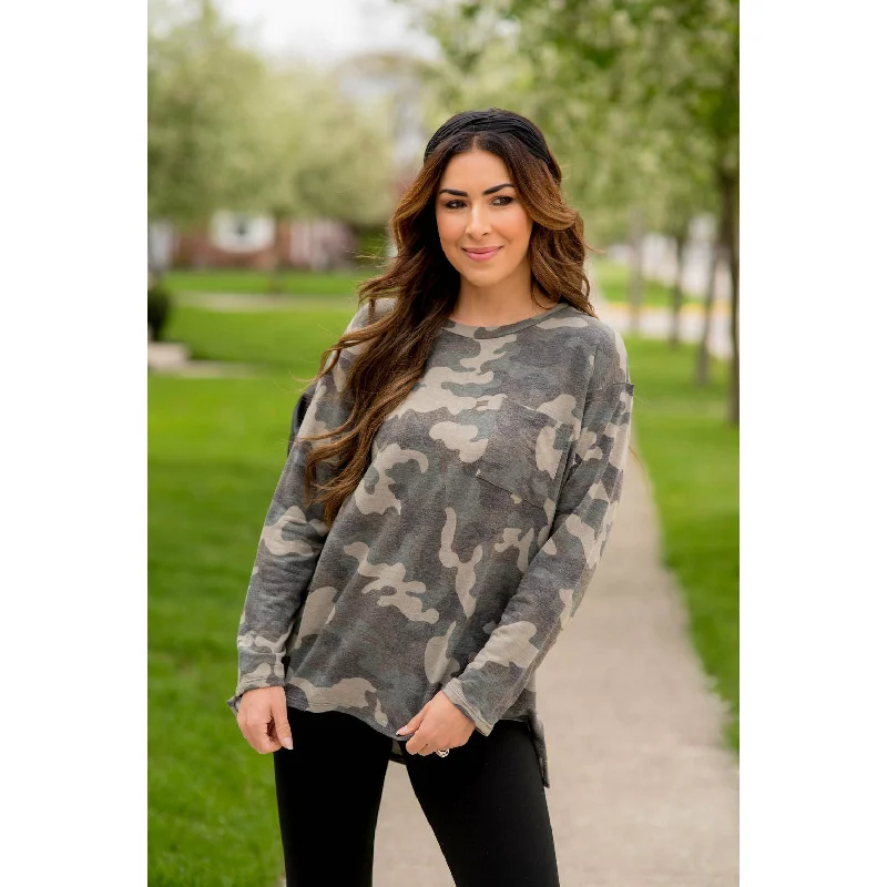 Weekend Offers That Shine Camo Side Slit Long Sleeve Tee