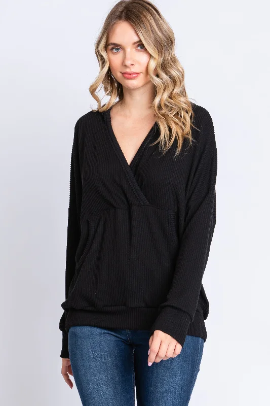 Sale Event Black Ribbed Hooded Wrap Long Sleeve Top