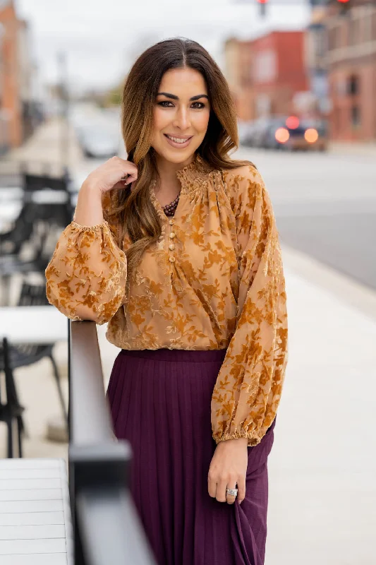 Make Your Weekend Count with Savings Velvety Floral Accented Blouse