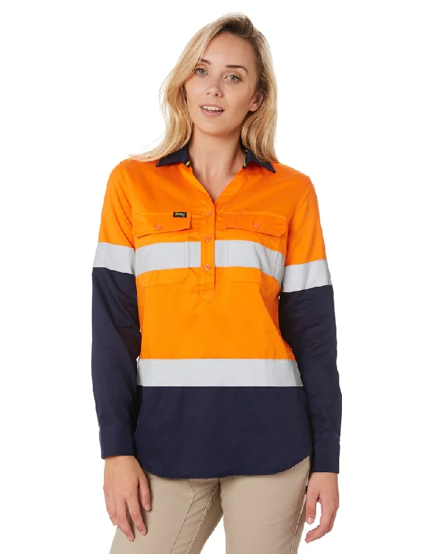 Half Price Womens Taped Hi Vis Stretch V-Neck Shirt - Orange/Navy