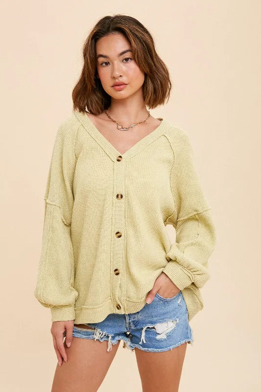 Weekend Bargains to Snag Lime Waffle Knit Button Long Sleeve Top