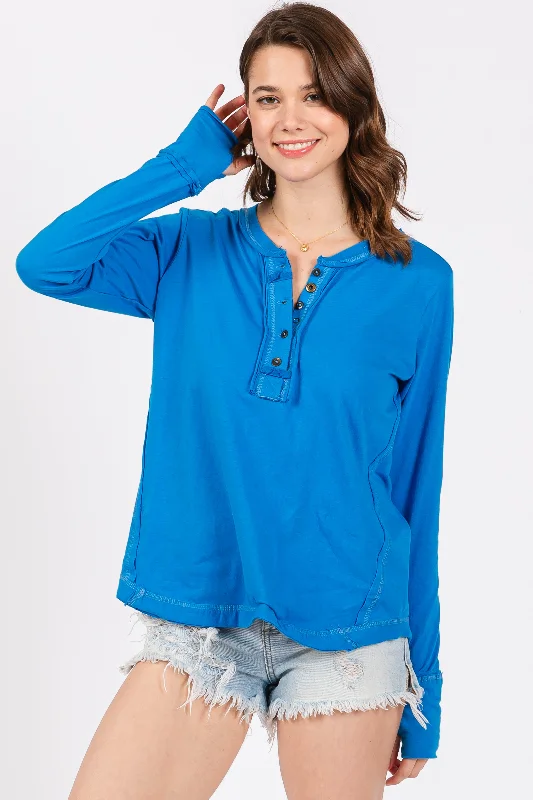 Weekend Specials to Grab Blue Long Sleeve Exposed Seam Top