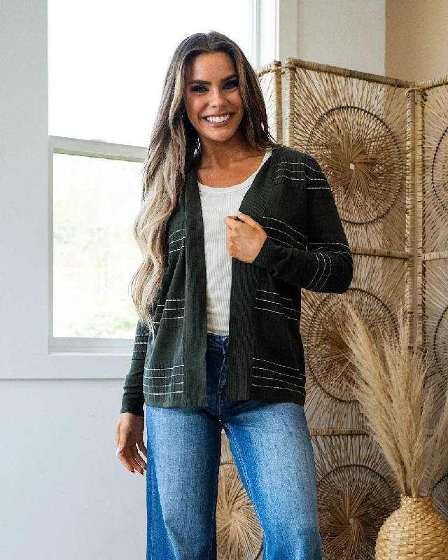 Shop and Save Brittany Stitch Striped Open Front Cardigan - Seaweed