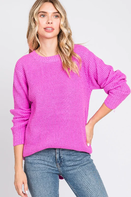 Weekend Savings Extravaganza Pink Waffle Knit Round Hem Sweater