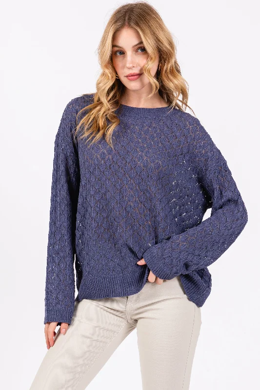 Super Bargain Navy Diamond Open Knit Top