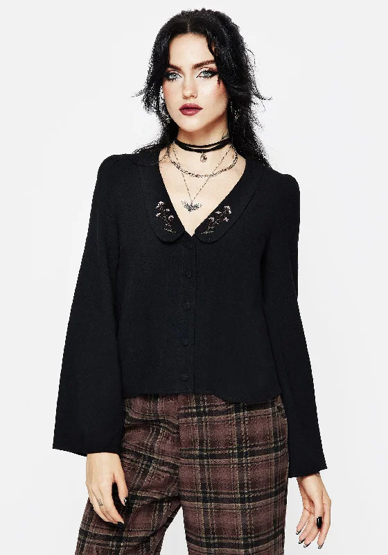 Year-End Deals Penstemon Floral Embroidered Collar Top