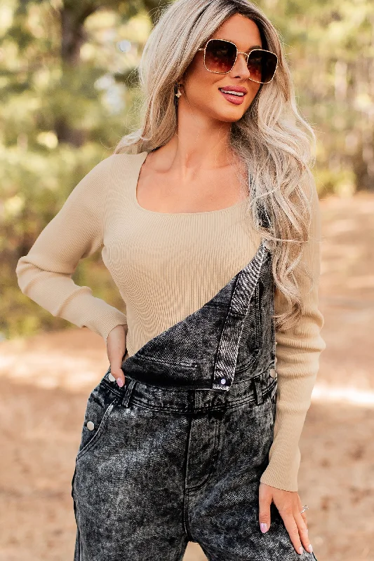 Mega Discount Bonnie Ribbed Square Neck Bodysuit (Taupe)