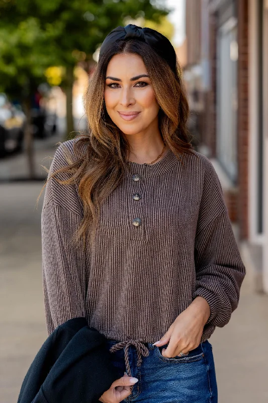 Weekend Price Cuts Galore Heavily Ribbed Tie Bottom Button Tee