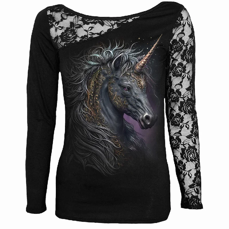 Overstock Sale CELTIC UNICORN - Lace One Shoulder Top Black
