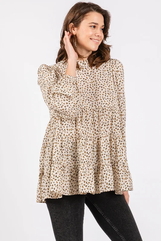 Special Offer Ivory Animal Print Mock Neck Tiered Top