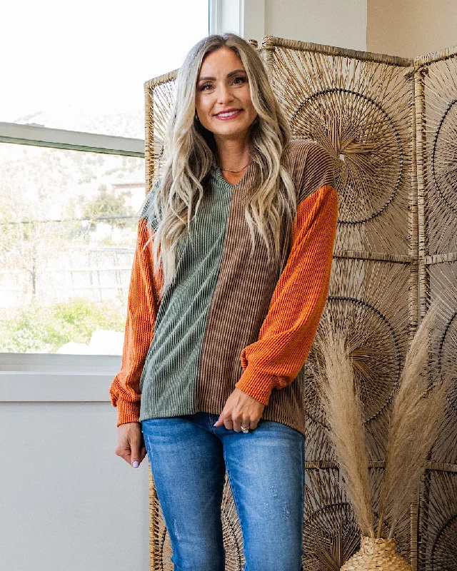Special Discount Addison Color Block Corded Split Neck Top - Olive, Chocolate & Spice