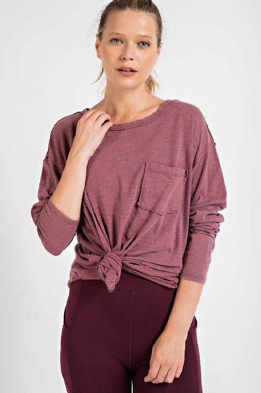 Weekend Shopping Made Better Burgundy Mineral Wash Front Pocket Long Sleeve Top