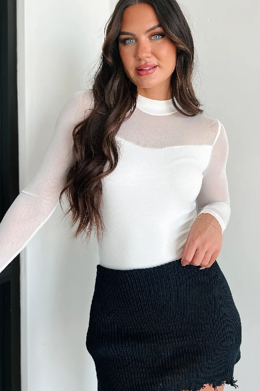 Weekend Savings Sensation Caught Your Eye Mock Neck Mesh Contrast Bodysuit (Ivory)