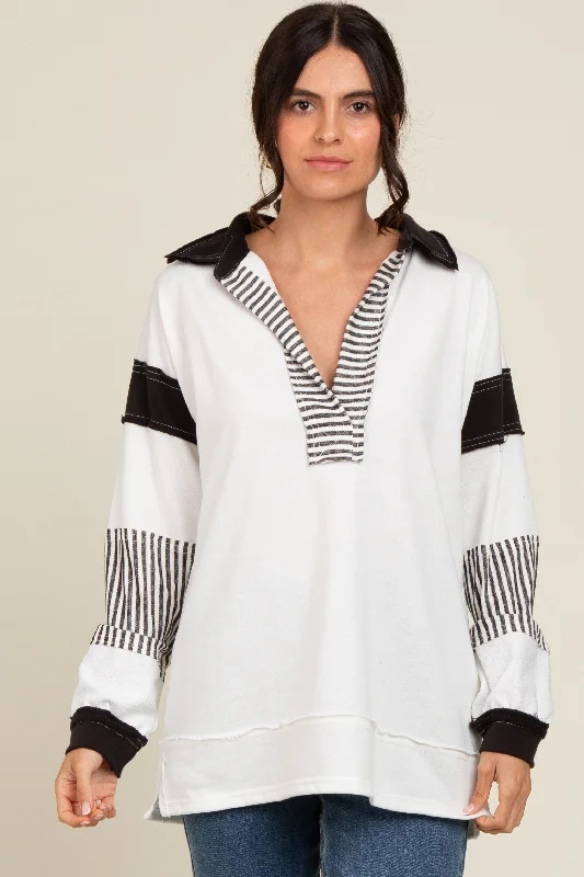Value Pack Ivory Striped Colorblock Collared Pullover Top