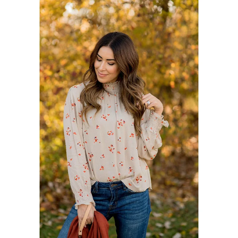 Crazy Savings Fancy Floral Cinch Neck Sleeve Blouse