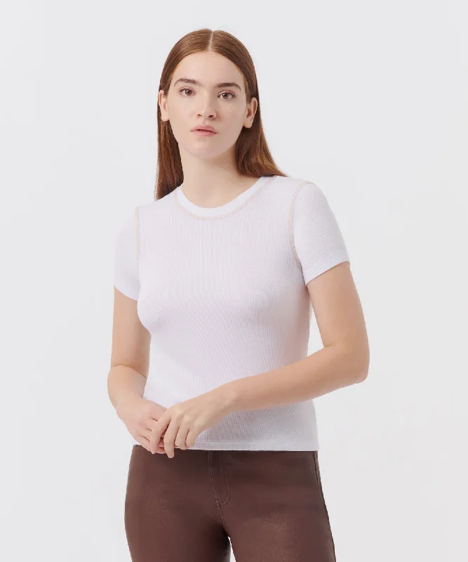 Weekend Offers That Dazzle Modal Rib Contrast Stitch Top - White/ Clay