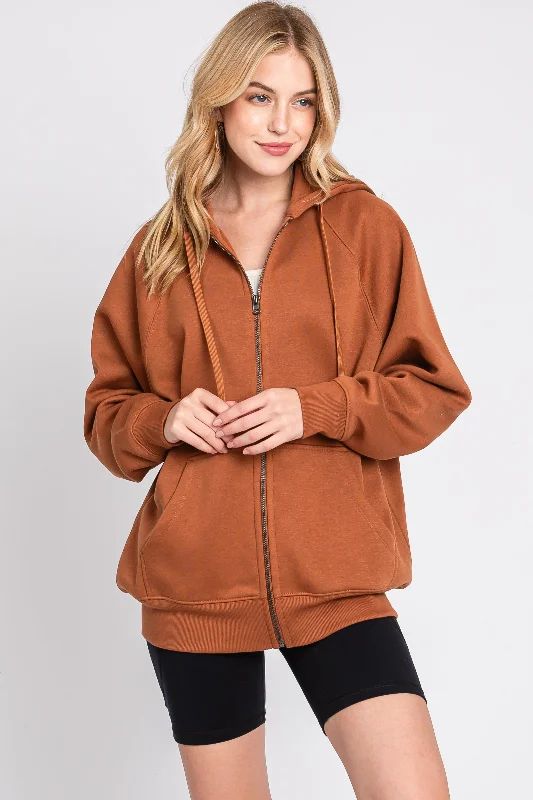 Weekend Wonders Await! Camel Front Zipper Hooded Sweater