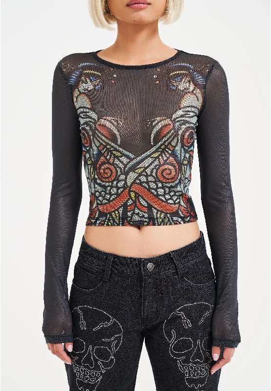 Lowest Price Womens Ice Geisha Mesh Long Sleeve Tshirt Top - Black