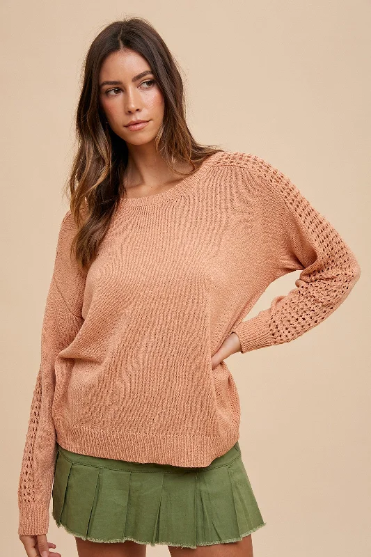 Now or Never Peach Crochet Detail Sleeve Knit Top