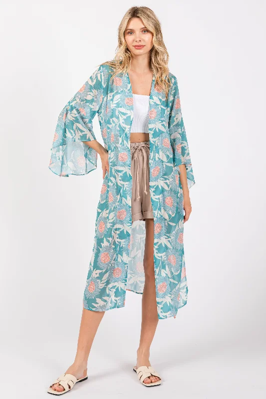 Pay Less Teal Floral Bell Sleeve Cover-Up