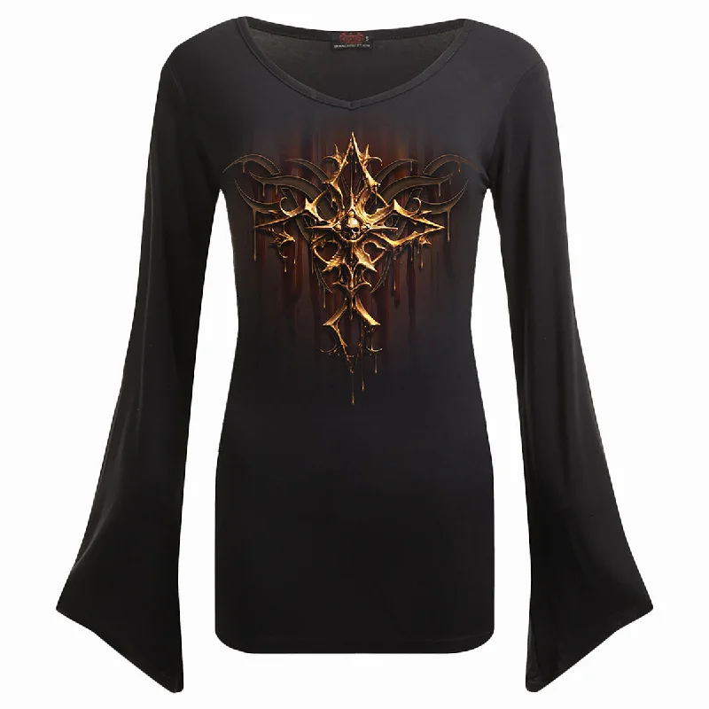 Reduced Rates DRIPPING GOLD - V Neck Goth Sleeve Top Black