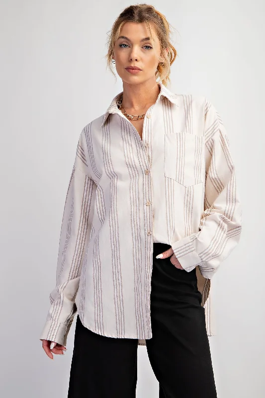 Hurry In Taupe Stripe Button Down Shirt