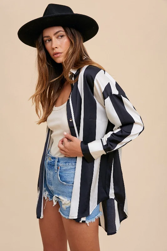 Massive Deal Black Ivory Wide Striped Satin Relaxed Fit Woven Blouse