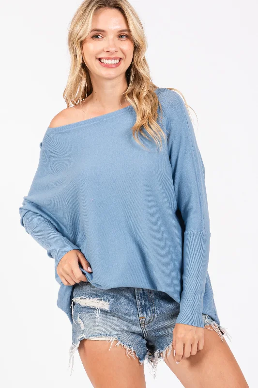 Weekend Discounts to Relish Blue Boatneck Knit Dolman Top