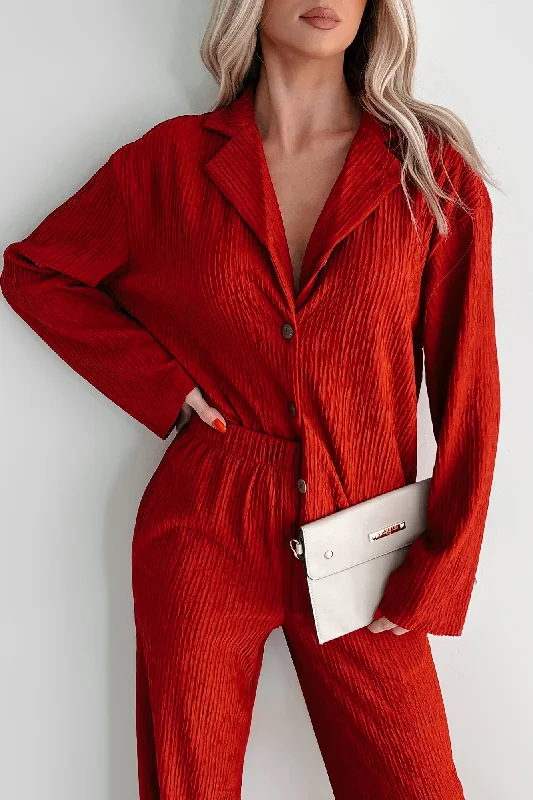Weekend Specials to Savor DOORBUSTER Demure Textured Button Up Top (Ruby)