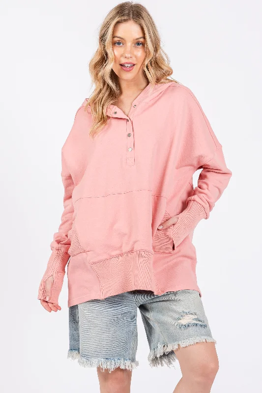 Early Access Pink Button Front Ribbed Trim Hooded Sweatshirt
