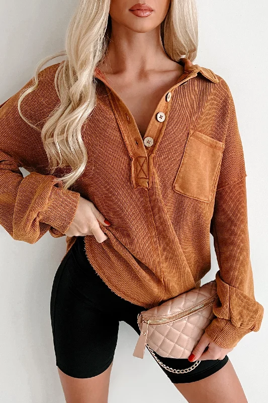 Can't Beat Forever Daydreaming Mineral Wash Collared Henley Top (Rust)