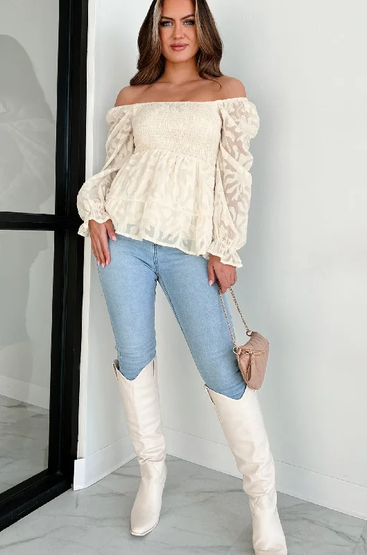 Celebrate the Weekend with Discounts Blossoming With Grace Smocked Floral Textured Blouse (Ivory)
