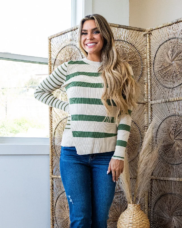 Mega Discount Kimberly Contrast Stripe Knit Top - Olive & Oatmeal