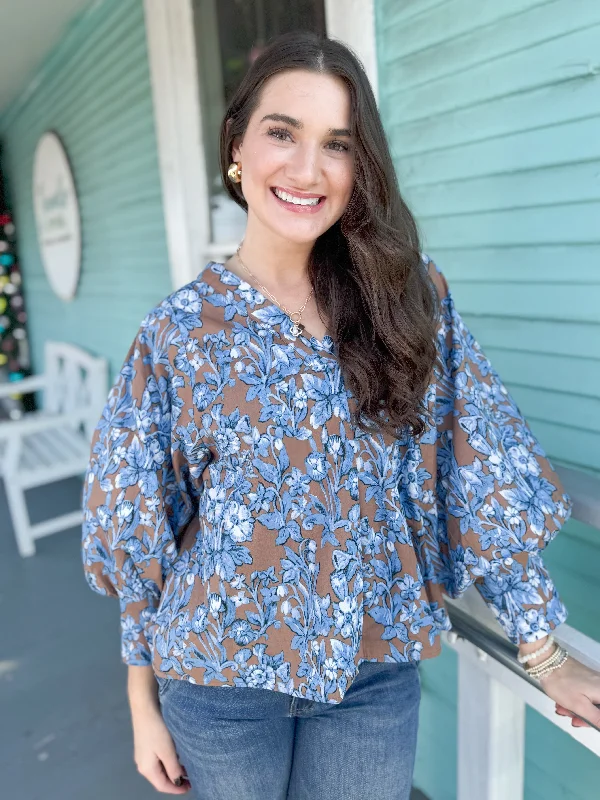Weekend Steals Await The Dublin Floral Balloon Sleeve Top-Blue