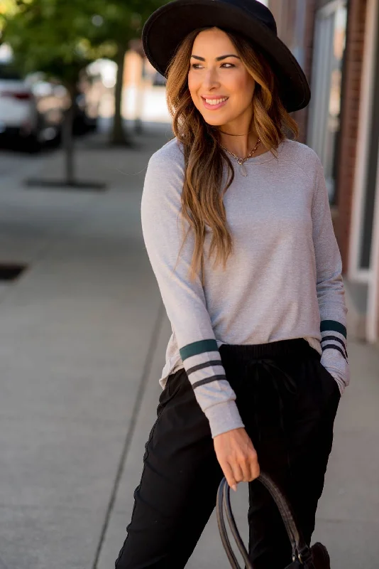 Now Available Stripe Accent Heathered Long Sleeve Tee
