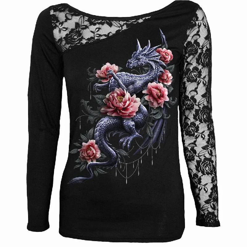 Flash Deal DRAGON ROSE SLANT - Lace One Shoulder Top Black
