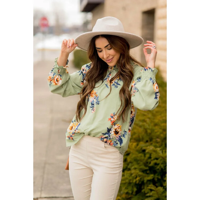 Quick Sale Smocked Neck Floral Long Sleeve Blouse